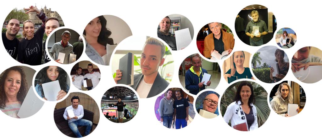 A collage of readers from around the world holding [psi] book